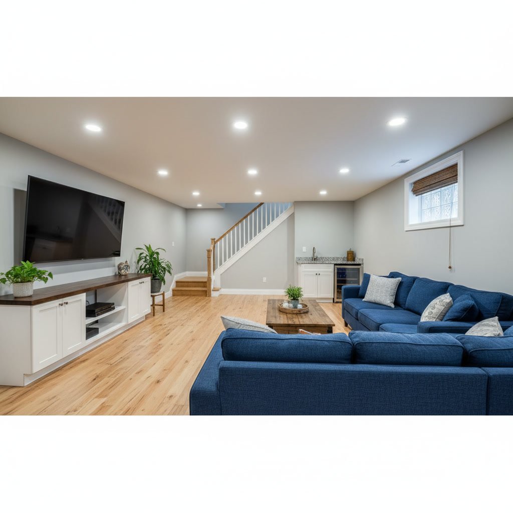 Finished basement renovation with modern flooring and lighting in Worcester County MA