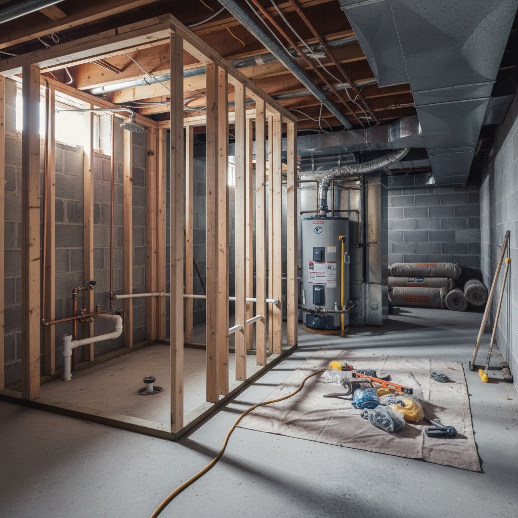 Basement renovation cost breakdown showing finished carpentry and custom features in Massachusetts home