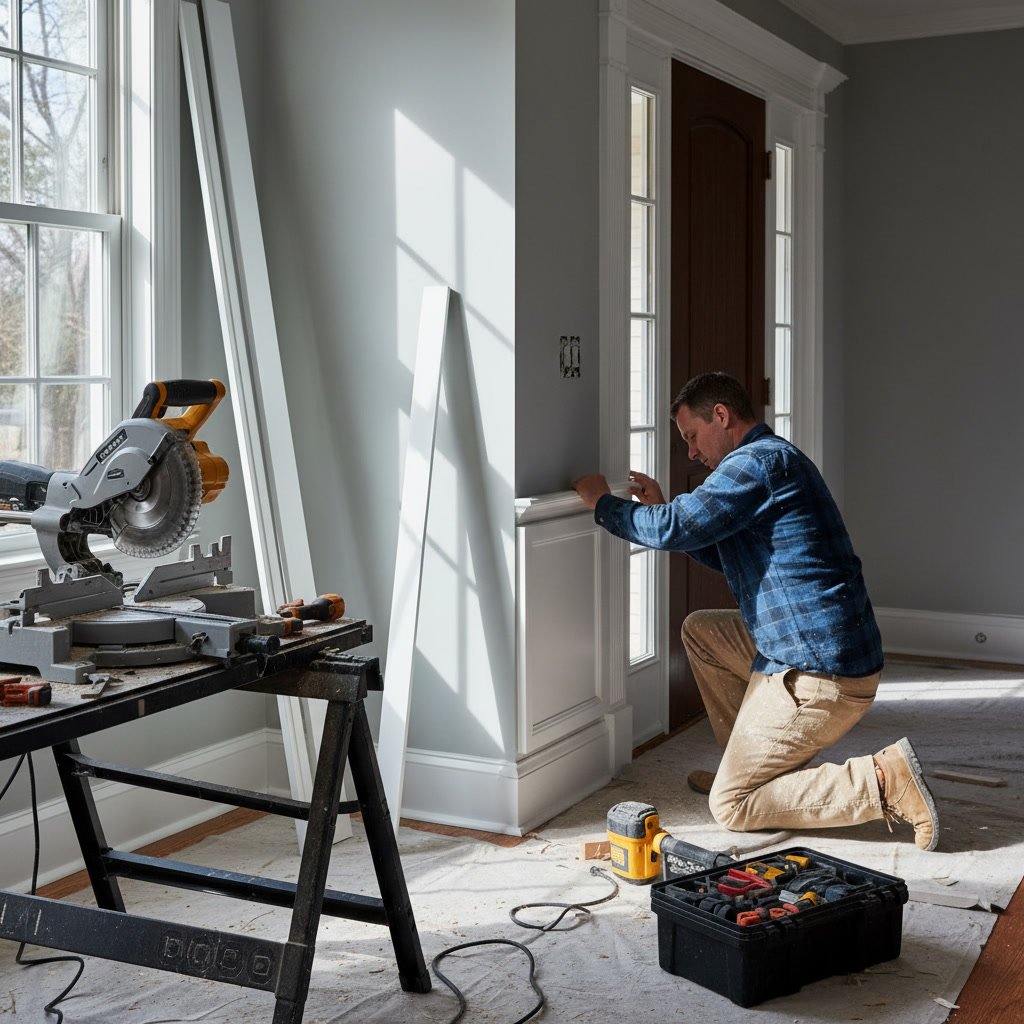 Custom baseboard and trim finish carpentry upgrade installed in remodeled Framingham interior
