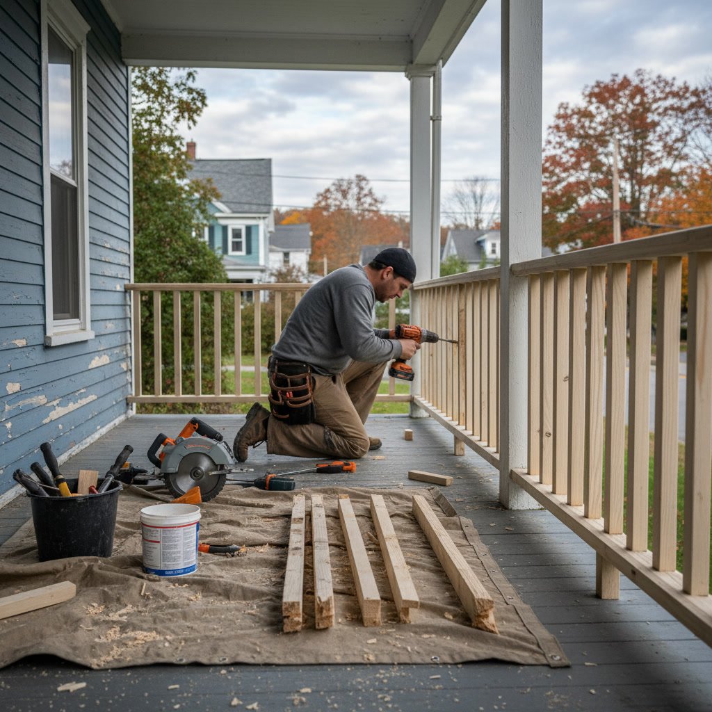 Close-up of damaged deck railing requiring repair in Worcester County Massachusetts