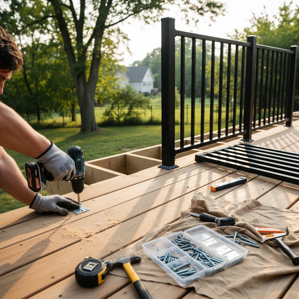 Homeowner measuring and installing wooden deck railing posts with level and drill