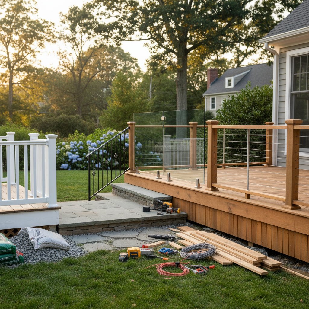 Newly installed composite deck railing in Massachusetts backyard