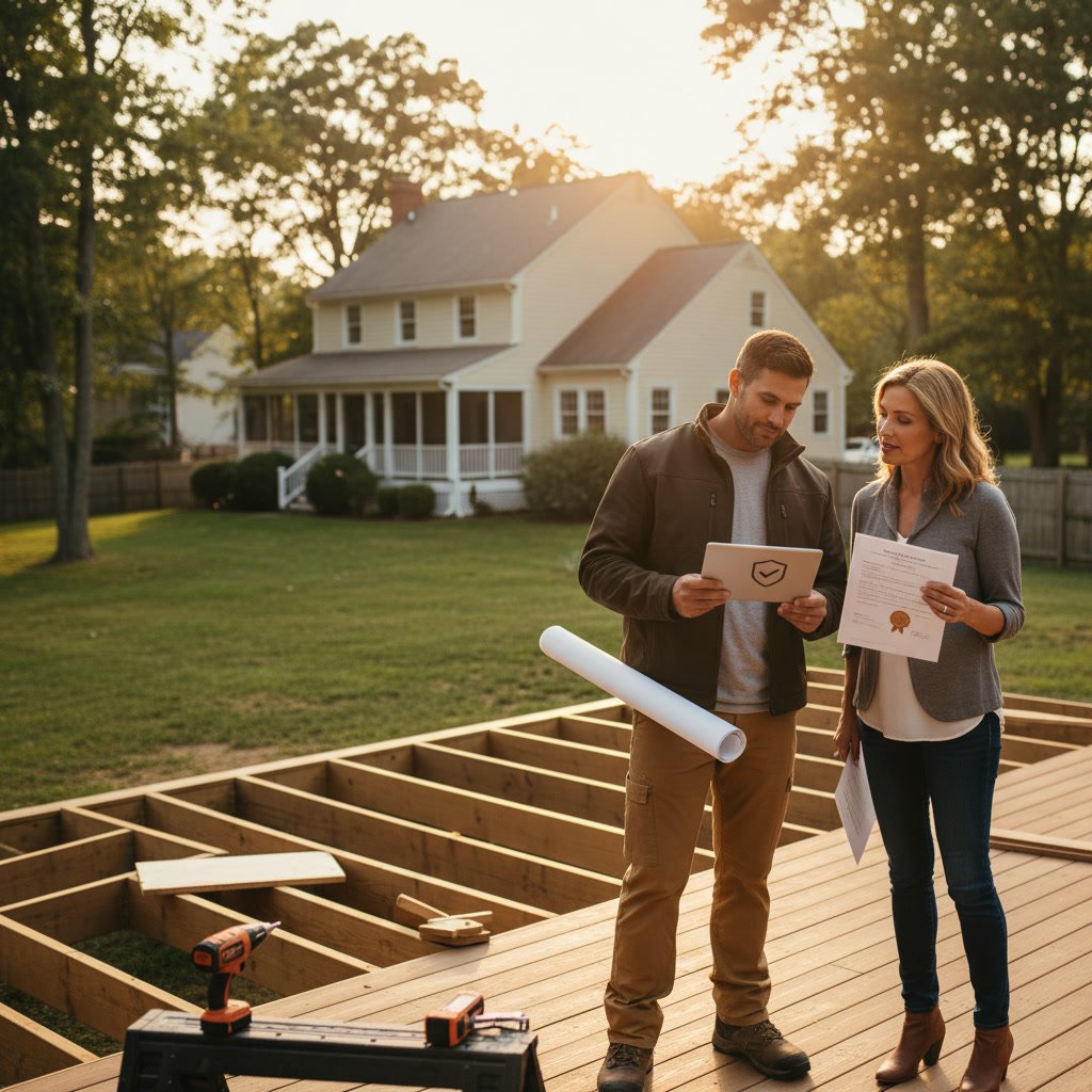 Professional deck builder reviewing construction plans in Natick Massachusetts