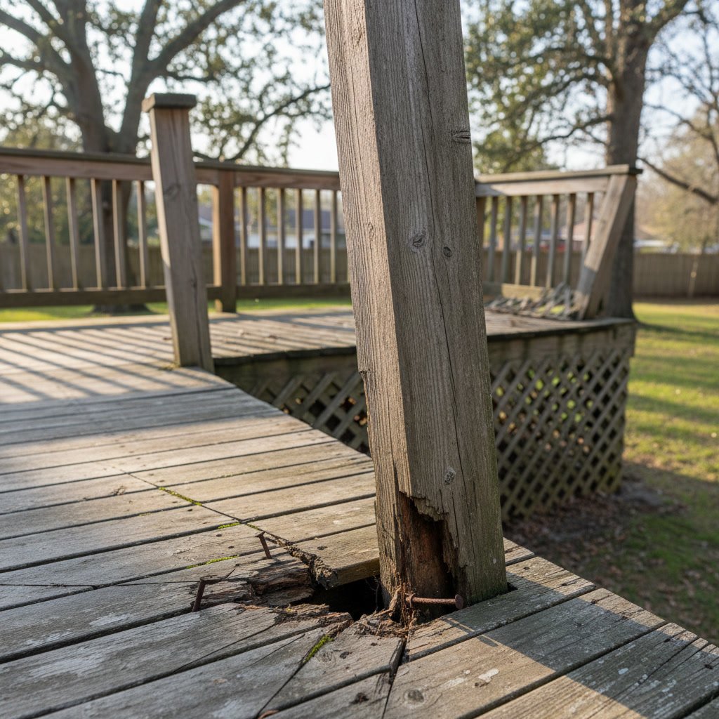 Close up of loose deck railing post showing structural movement