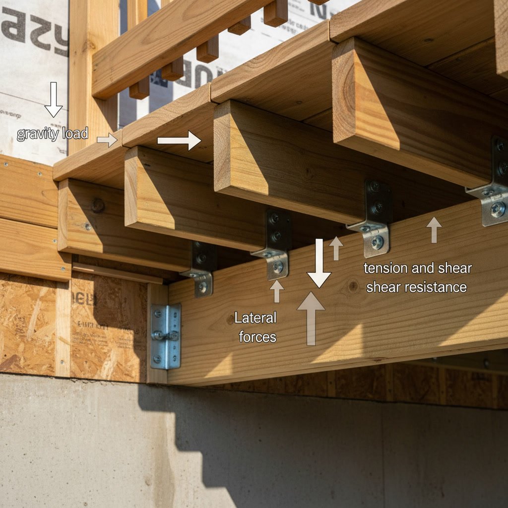 Proper deck ledger board attachment showing galvanized lag screws and flashing