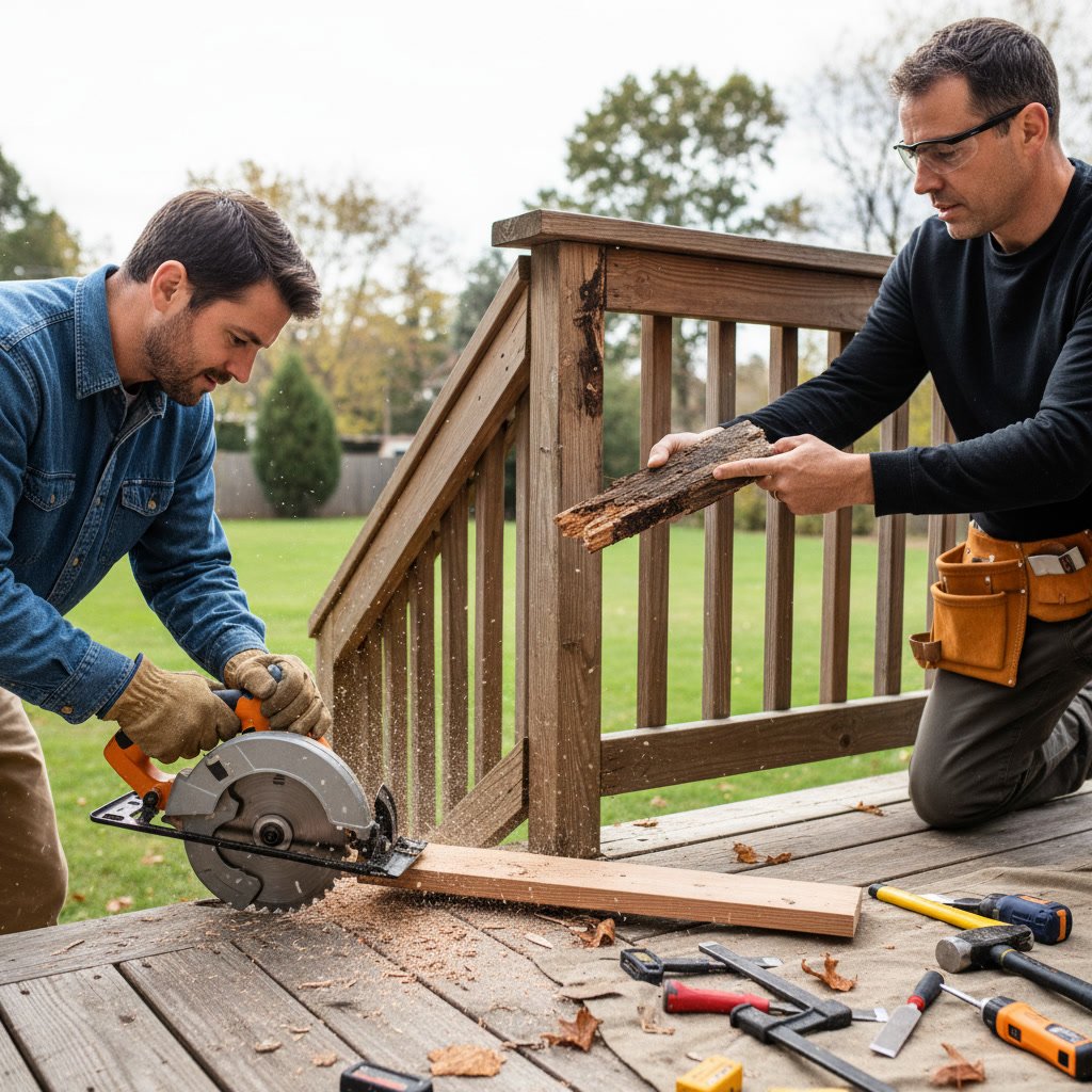 Professional carpenter repairing wooden deck railing in central Massachusetts