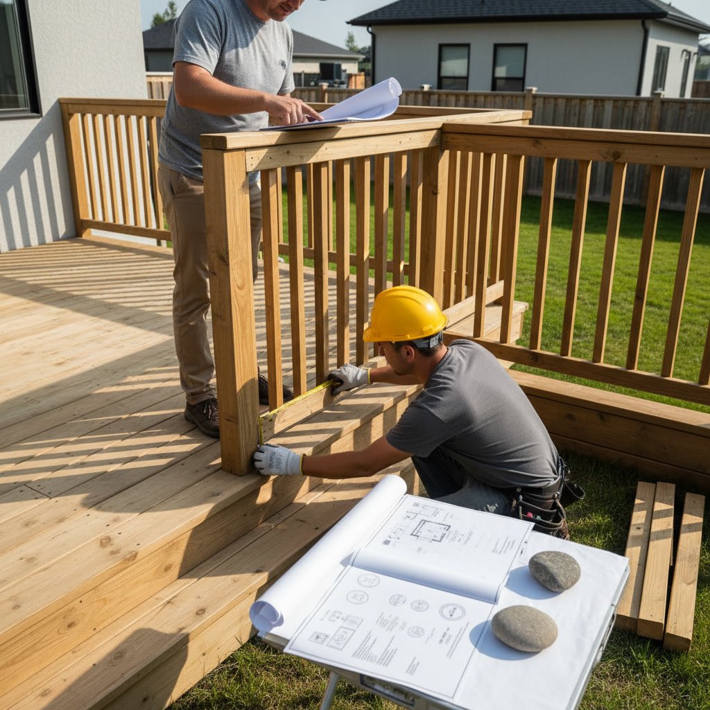 Professional contractor installing code-compliant deck railings with proper spacing and measurements