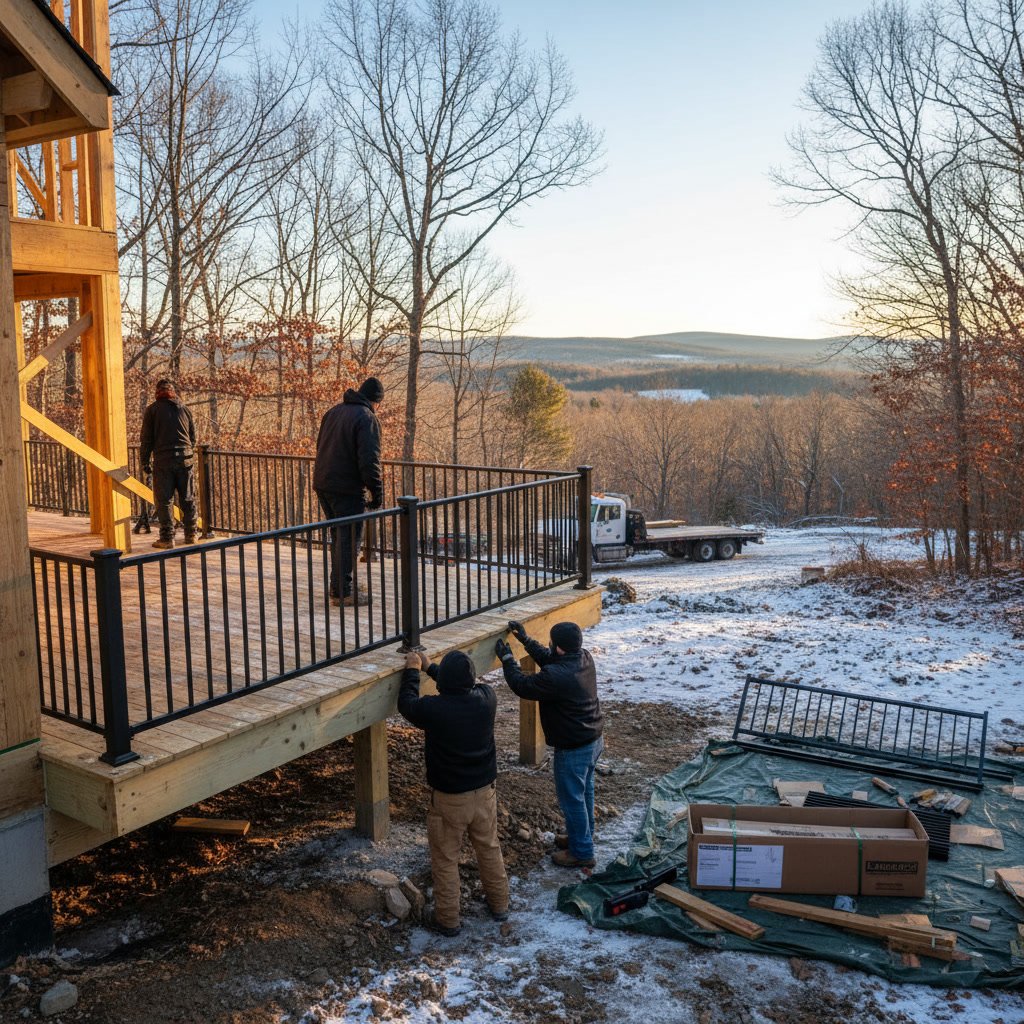 Professional contractor installing aluminum railing system on Massachusetts deck