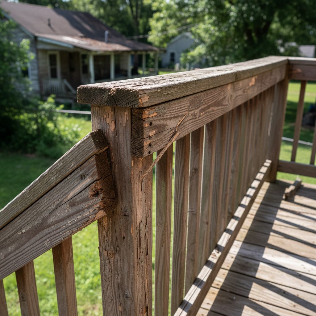 Weathered deck railing showing cracks and splintering damage
