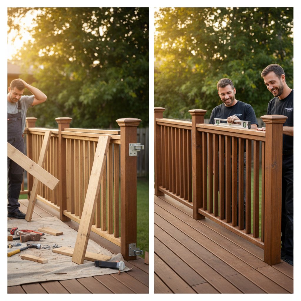 Completed professional deck railing installation showing precise craftsmanship and code compliance