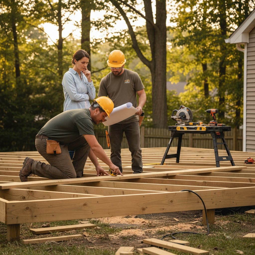 Deck builder consulting with homeowner on project details in Natick MA