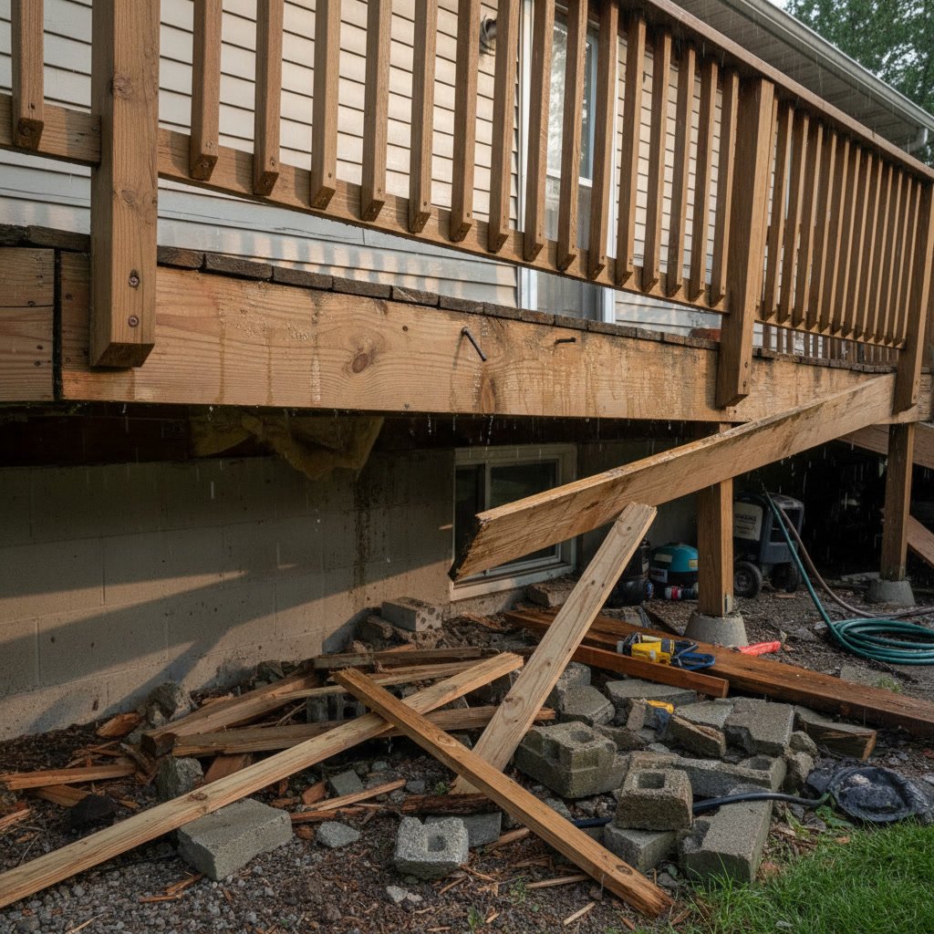 Professional deck contractor installing flashing above ledger board