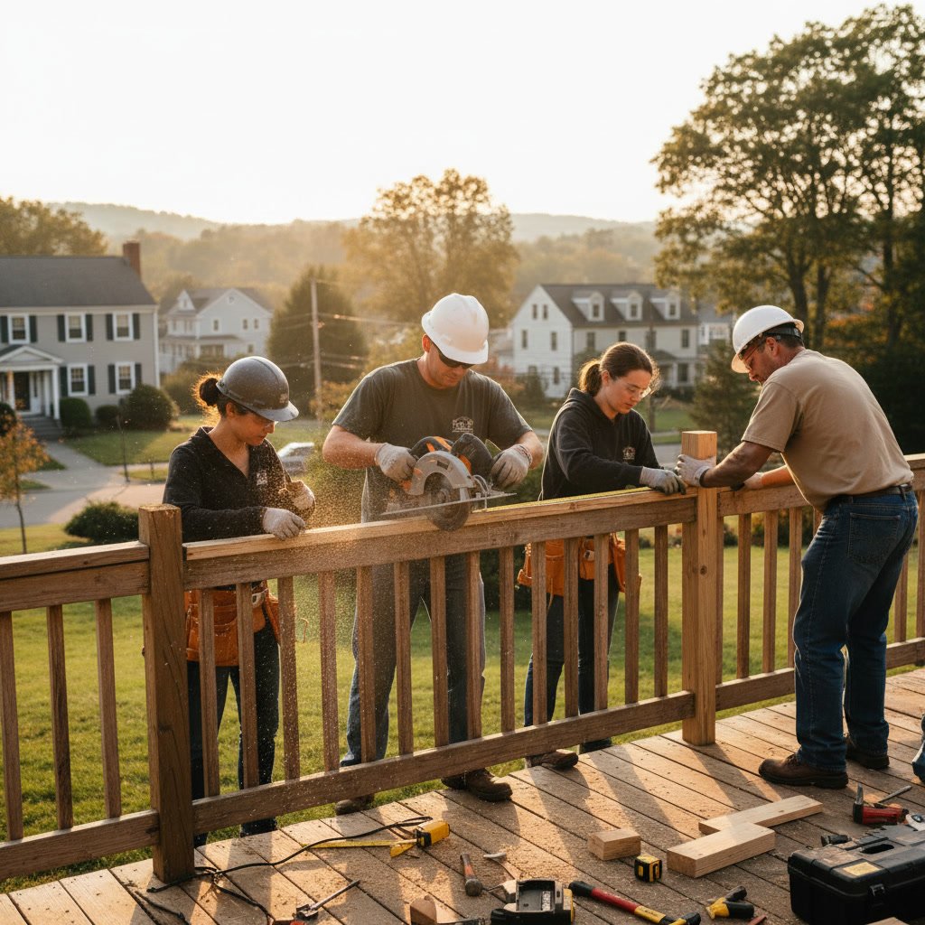 Damaged deck railing in need of repair at Worcester County Massachusetts home