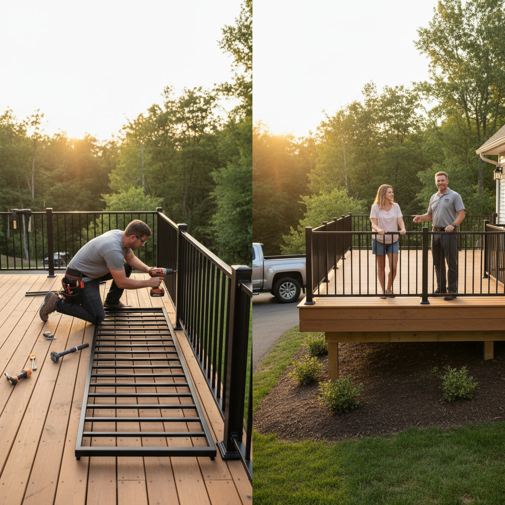 Professional contractor installing deck railings on elevated wooden deck