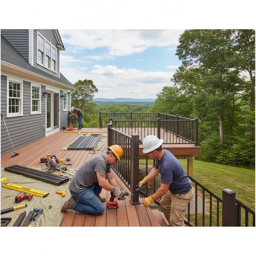 Modern deck with newly installed railings overlooking Massachusetts landscape