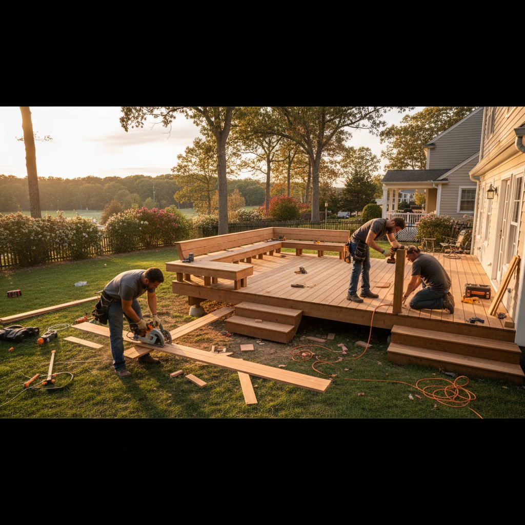 Professional deck builder working on custom deck construction in Natick Massachusetts