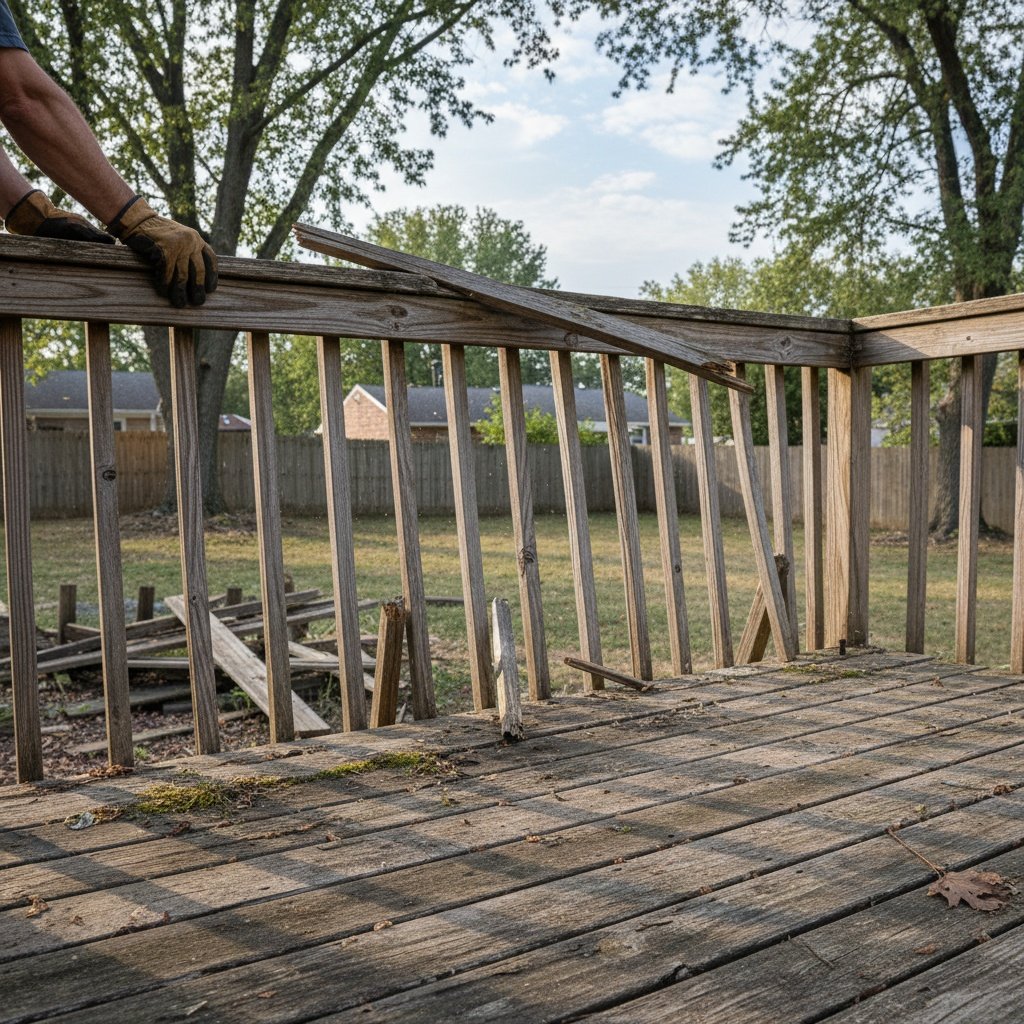 Homeowner inspecting damaged deck railing for safety issues