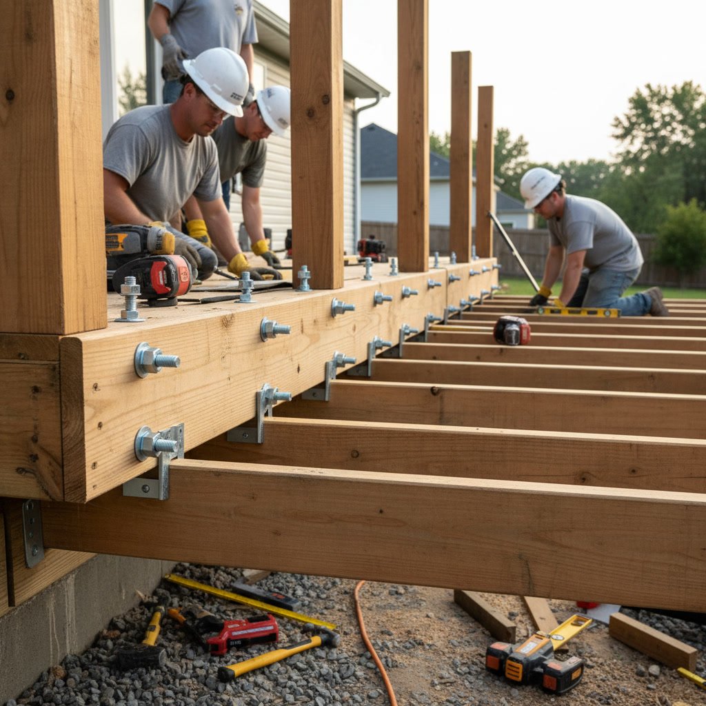 Professional deck builder attaching ledger board to house with proper fasteners and flashing