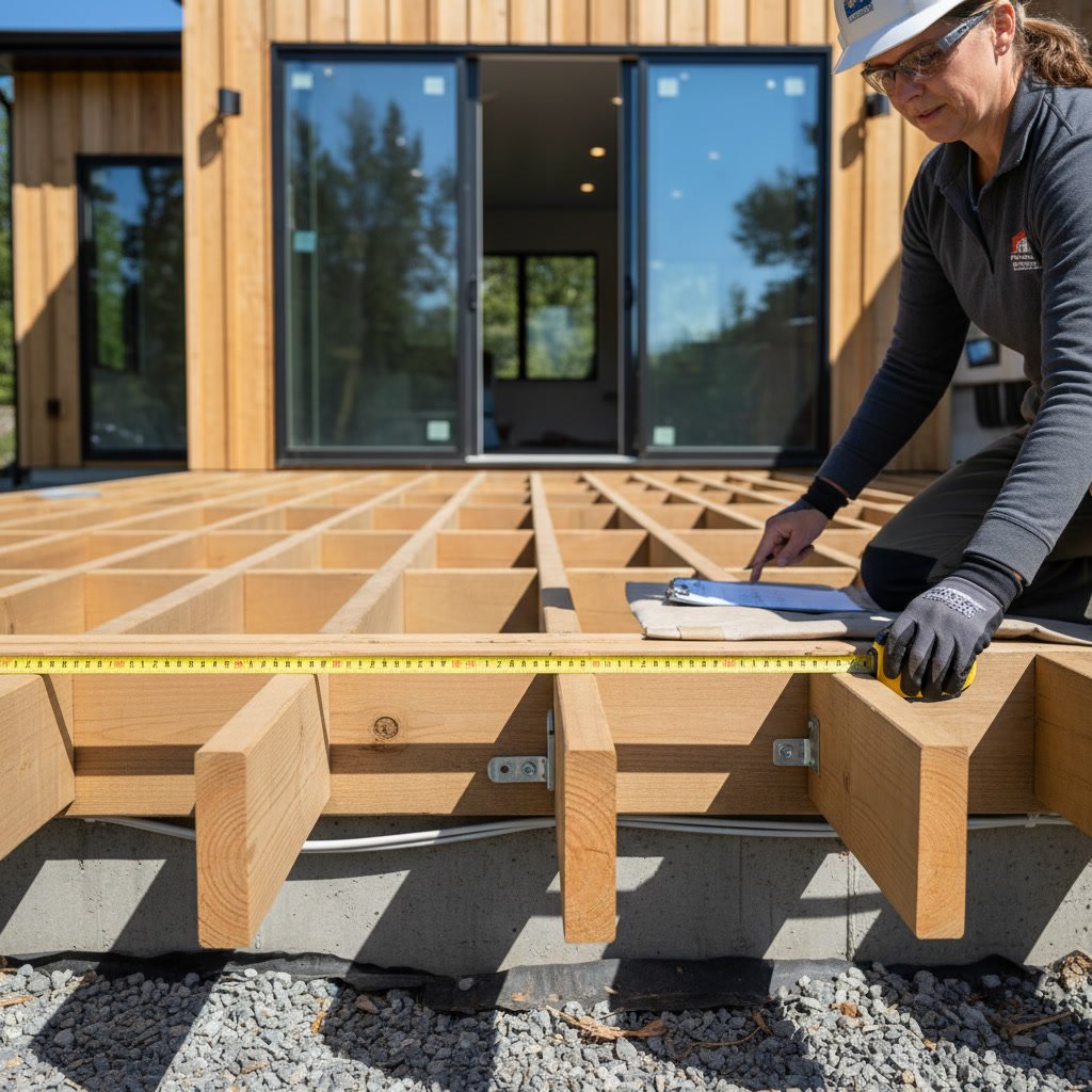 Professional deck builder measuring joist spacing during construction