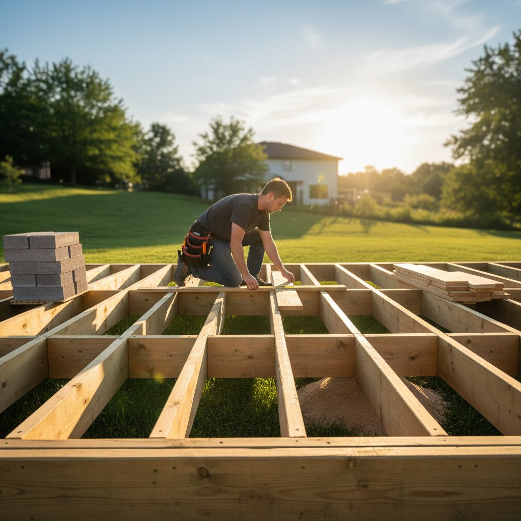 Close-up of properly spaced deck joists supporting composite decking