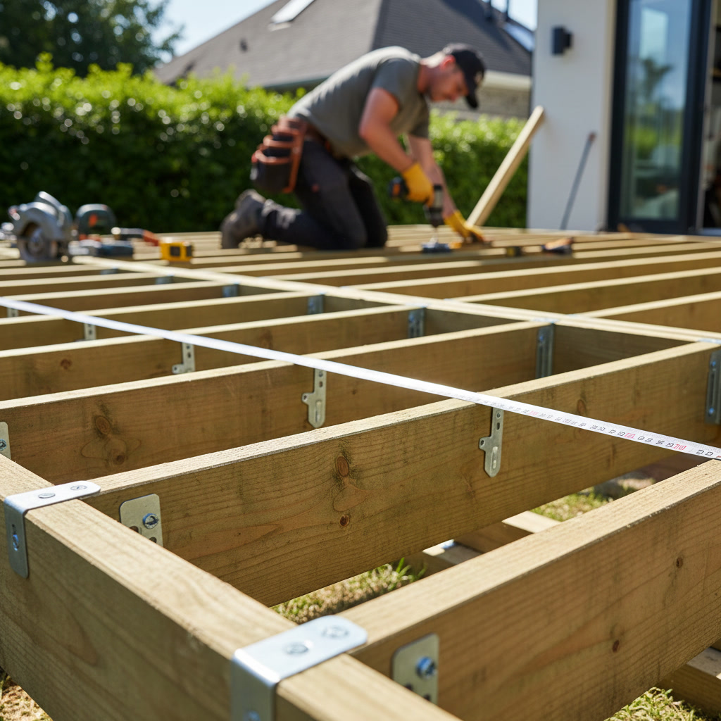 Deck frame showing proper joist spacing during construction
